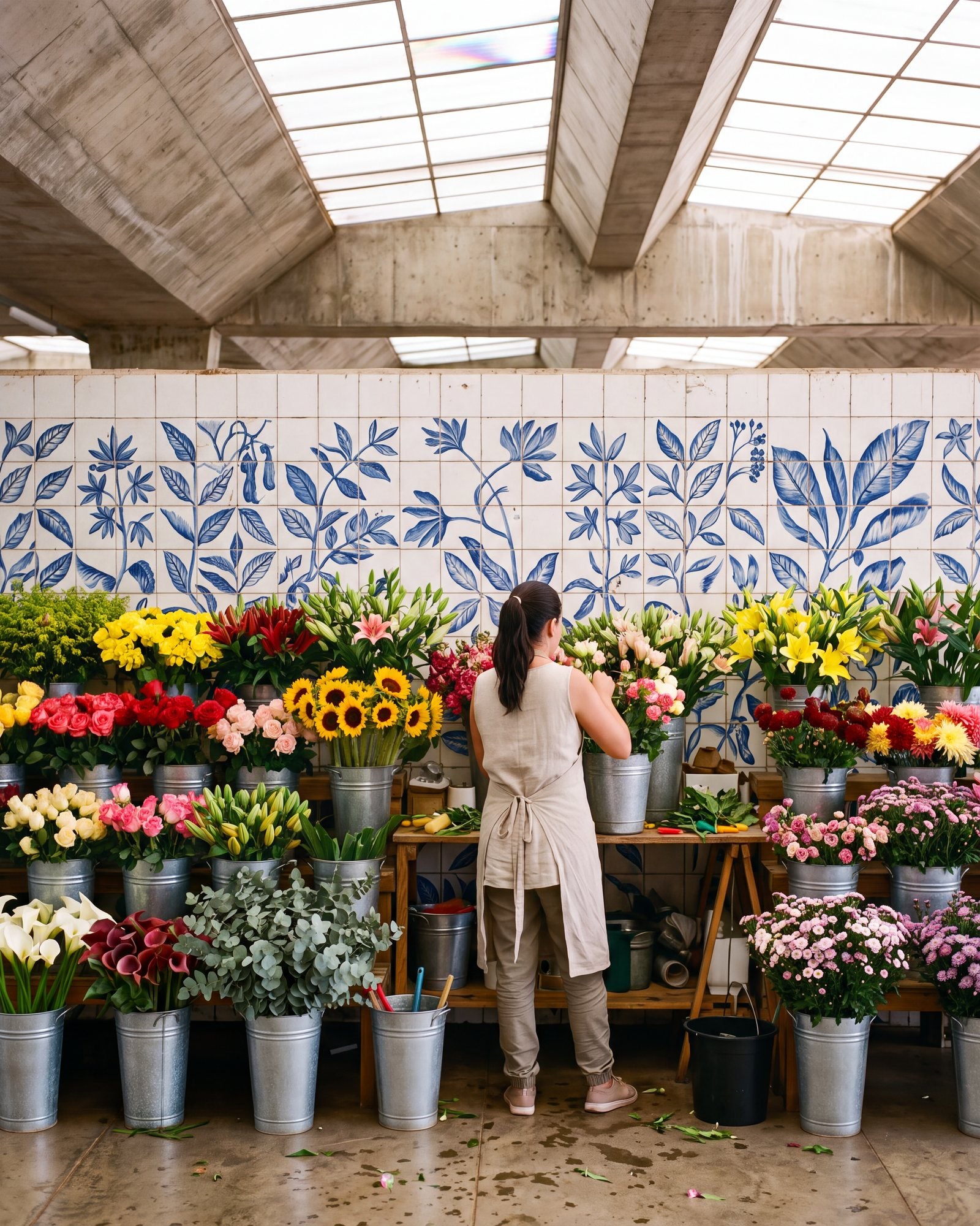 Banca da Floricultura Edelweiss no Mercado das Flores, com parede de azulejos e baldes galvanizados